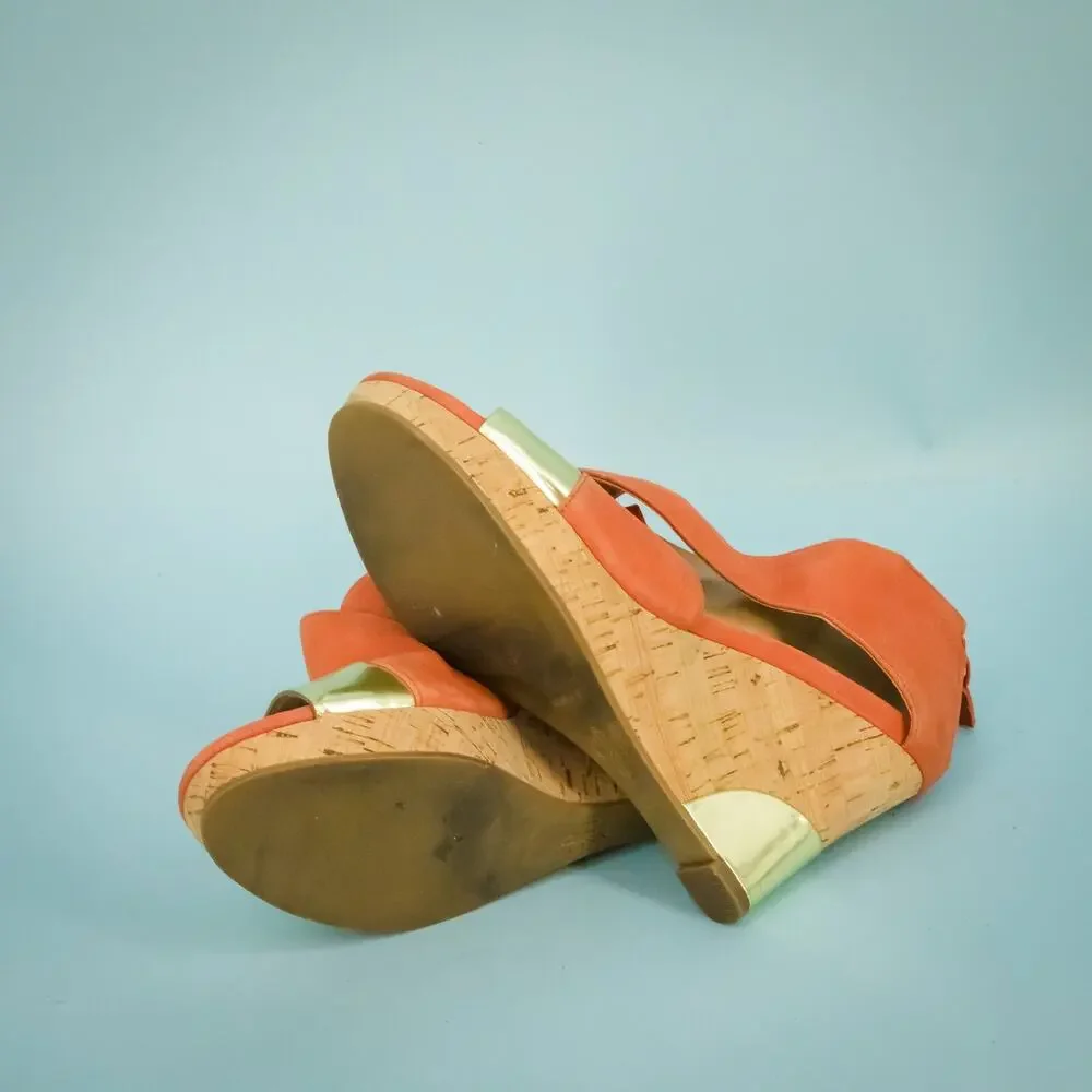 Cole Haan Size 8.5 Orange Gold Metallic Leather Back Zip Cork Wedge Heel Sandals